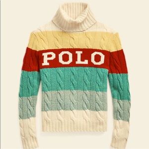 Polo Ralph Lauren Striped Turtleneck Cable Knit Jumper- 90% Wool 10% Cashmere